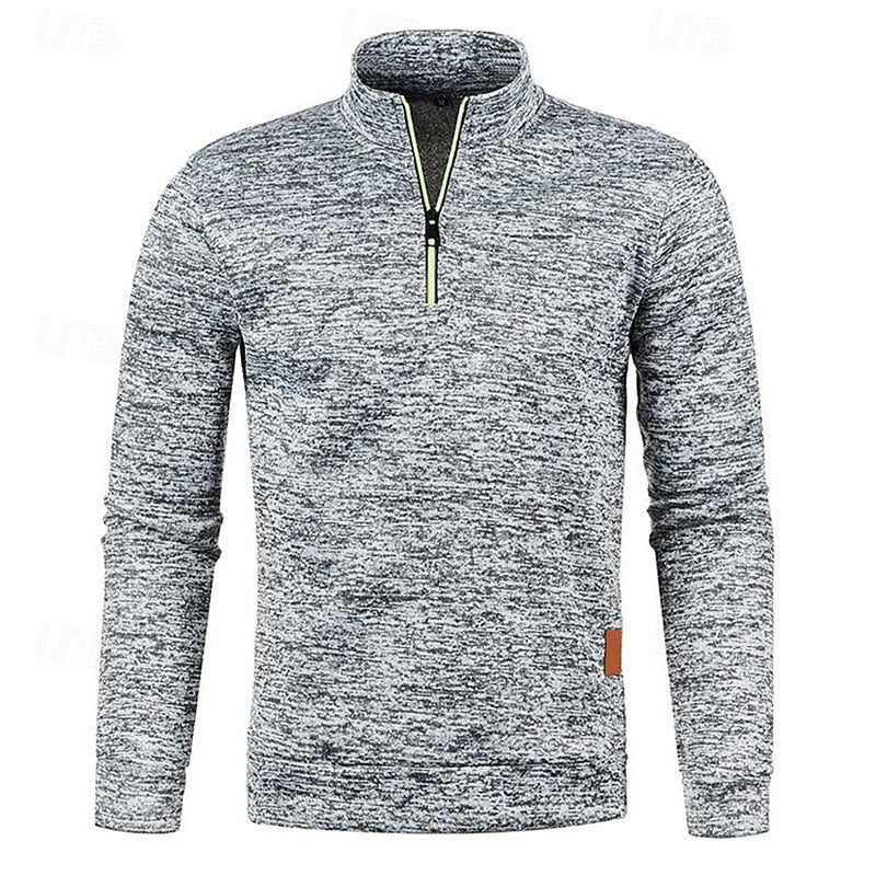 Men's light grey chunky-knit quarter-zip sweater with drop-shoulder fit