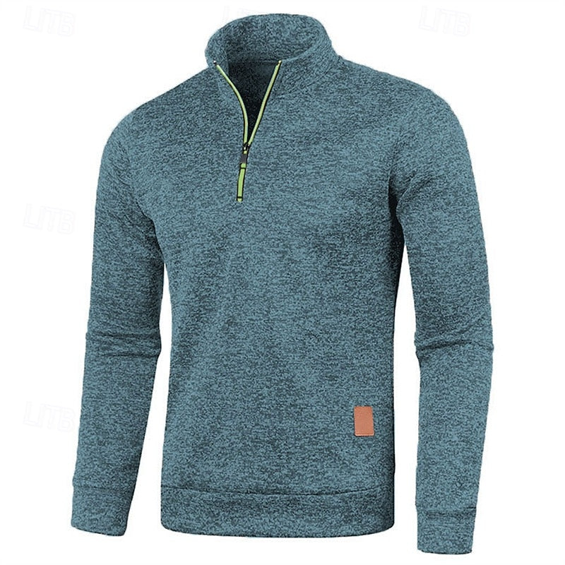 Men's dark blue chunky-knit quarter-zip sweater with drop-shoulder fit