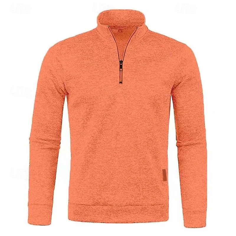 Men's orange chunky-knit quarter-zip sweater with drop-shoulder fit