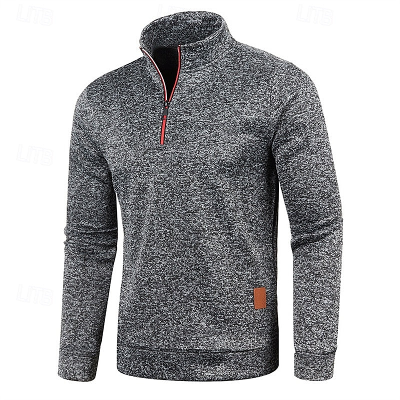 Men's dark gray chunky-knit quarter-zip sweater with drop-shoulder fit