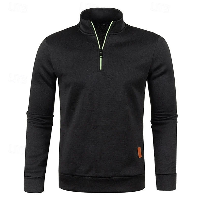 Men's black chunky-knit quarter-zip sweater with drop-shoulder fit