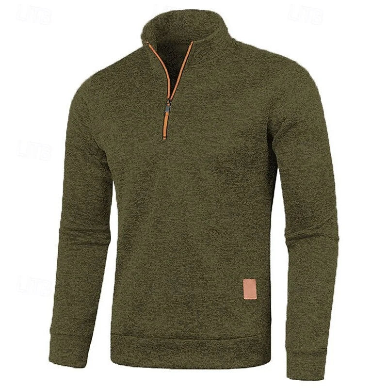 Men's army green chunky-knit quarter-zip sweater with drop-shoulder fit