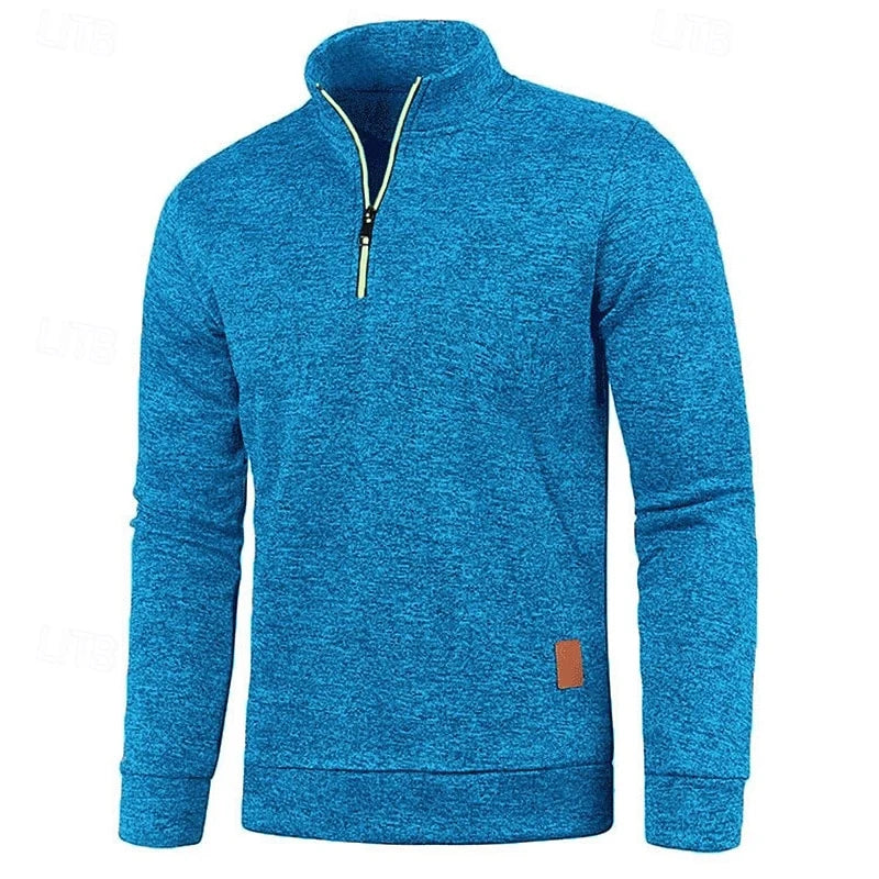 Men's blue chunky-knit quarter-zip sweater with drop-shoulder fit