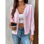 Women's pink scalloped-trim V-Neck Button Cardigan Sweater