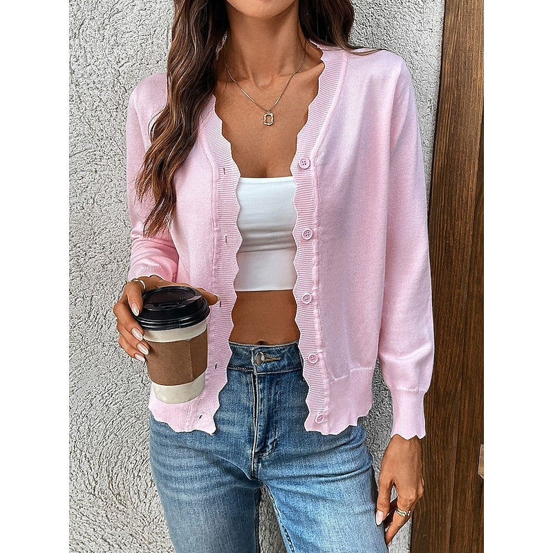 Women's pink scalloped-trim V-Neck Button Cardigan Sweater