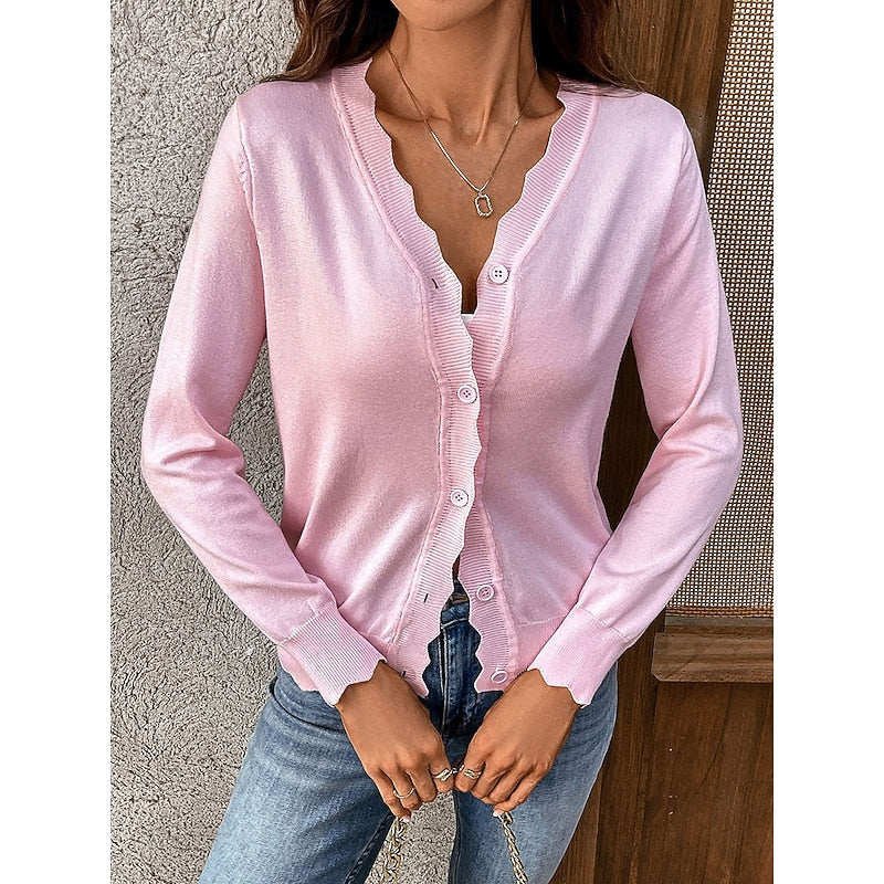 Women's white scalloped-trim V-Neck Button Cardigan Sweater