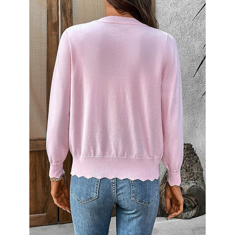 Women's black scalloped-trim V-Neck Button Cardigan Sweater