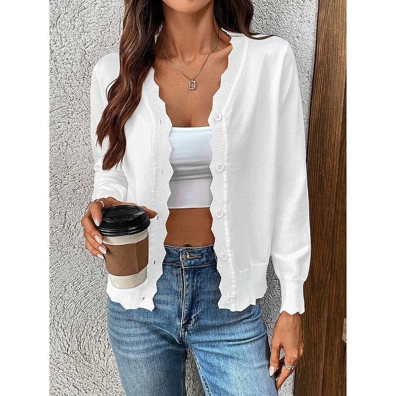 Women's khaki scalloped-trim V-Neck Button Cardigan Sweater