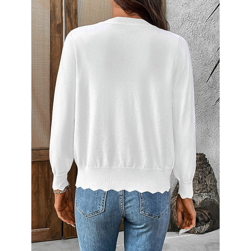 Women's navy blue scalloped-trim V-Neck Button Cardigan Sweater