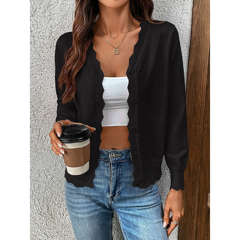 Women's navy blue scalloped-trim V-Neck Button Cardigan Sweater