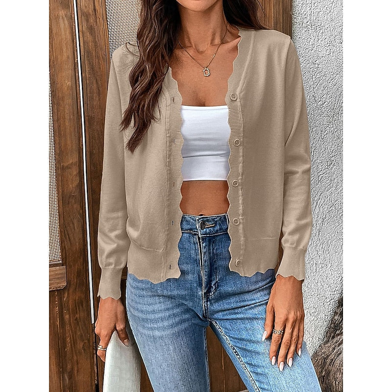 Women's navy blue scalloped-trim V-Neck Button Cardigan Sweater