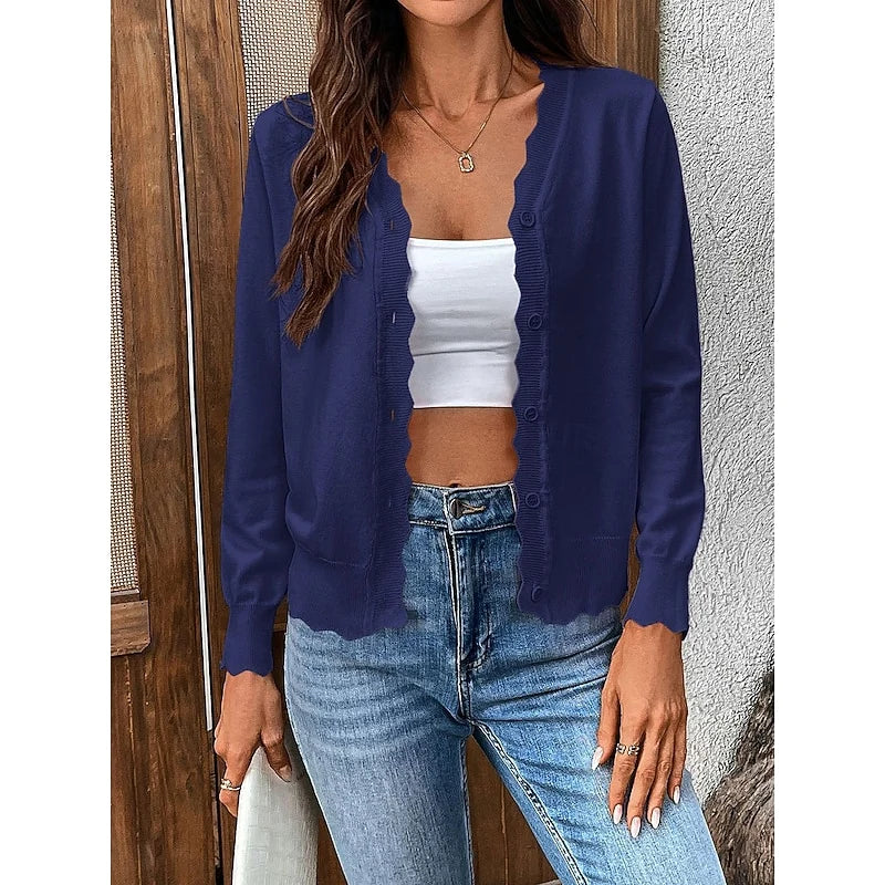 Women's navy blue scalloped-trim V-Neck Button Cardigan Sweater