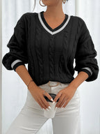 Women's black cable-knit v-neck sweater for layering, with ribbed trim