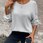 Women's light grey relaxed waffle-knit layering sweater, with ribbed cuffs