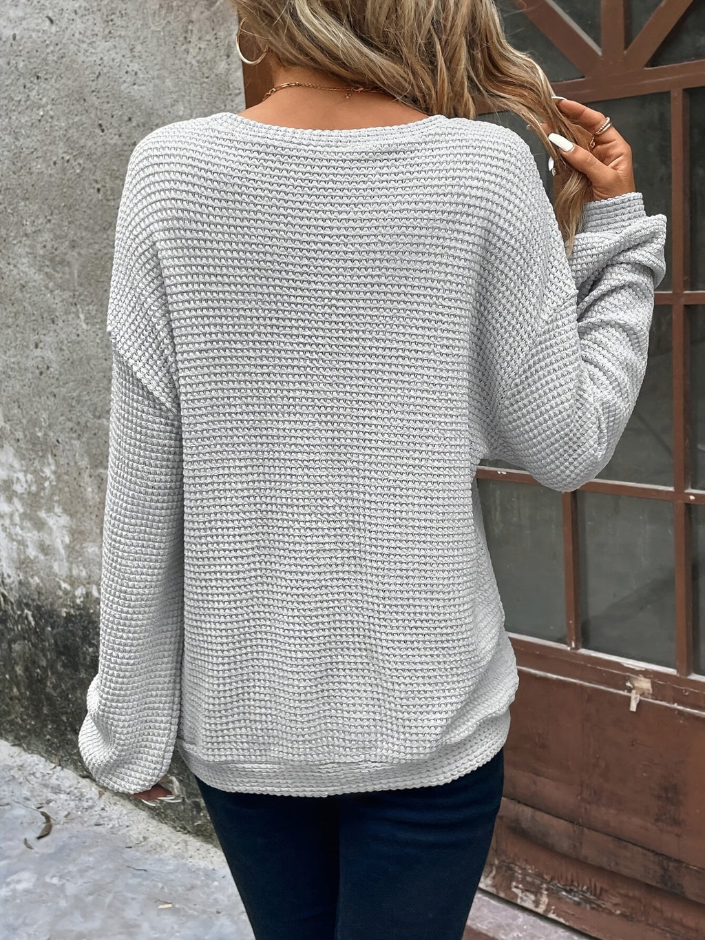 Women's light grey relaxed waffle-knit layering sweater, with ribbed cuffs