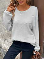 Women's light grey relaxed waffle-knit layering sweater, with ribbed cuffs