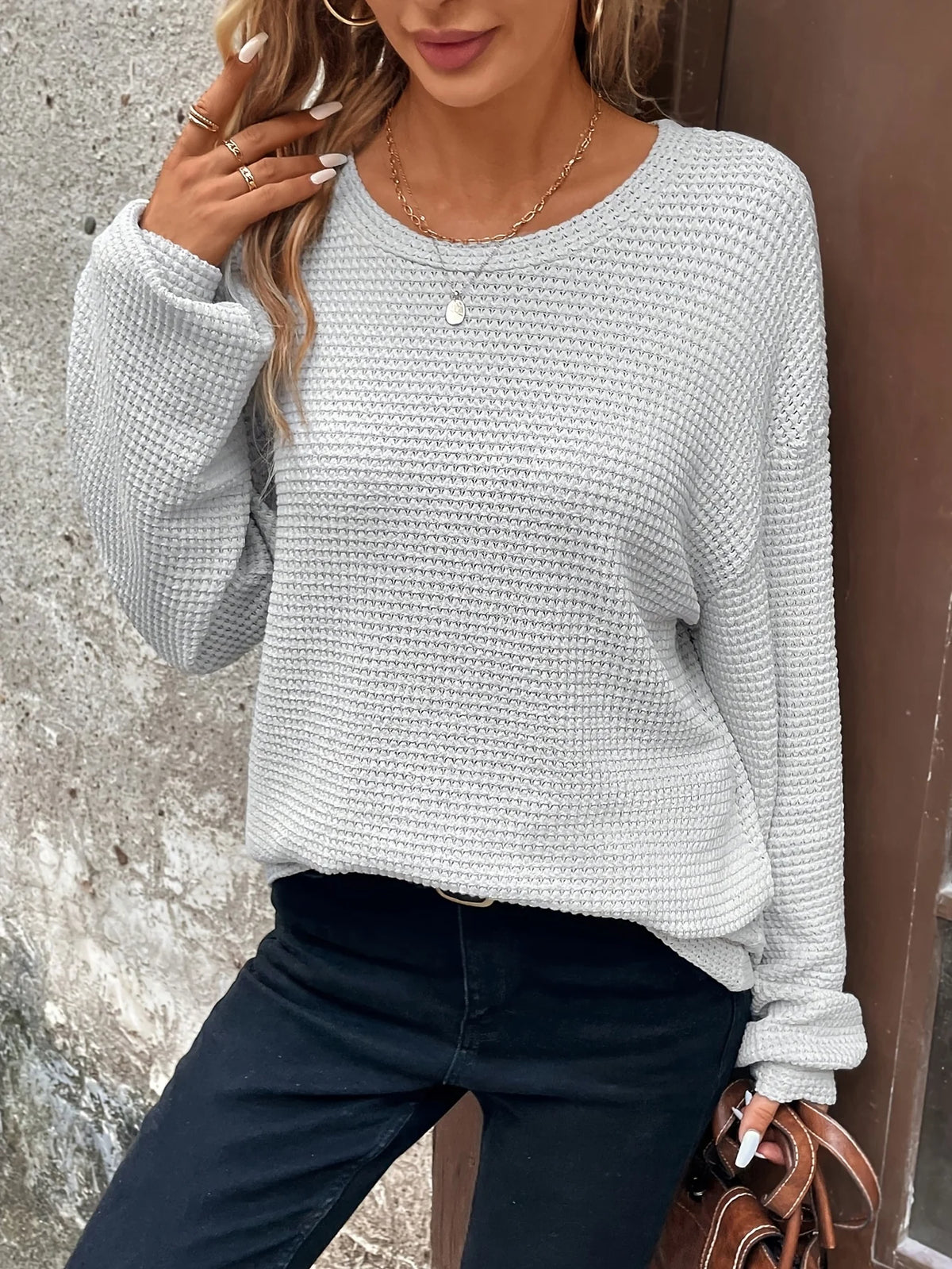 Women's light grey relaxed waffle-knit layering sweater, with ribbed cuffs