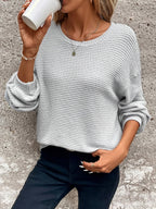 Women's light grey relaxed waffle-knit layering sweater, with ribbed cuffs