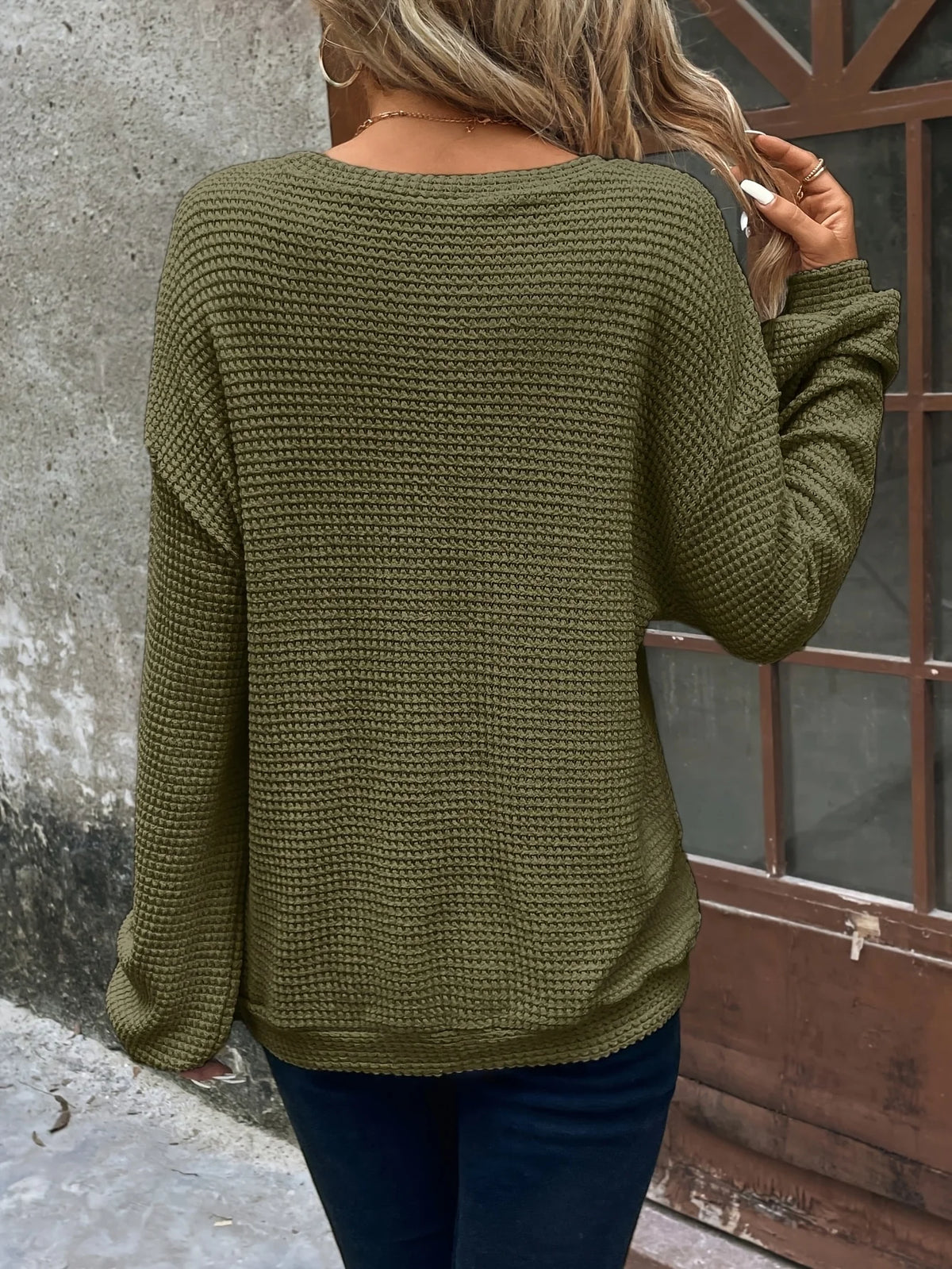 Women's fern green relaxed waffle-knit layering sweater, with ribbed cuffs