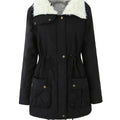 Women's black faux fur-trimmed hooded winter parka, front view