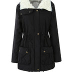 Women's black faux fur-trimmed hooded winter parka, front view
