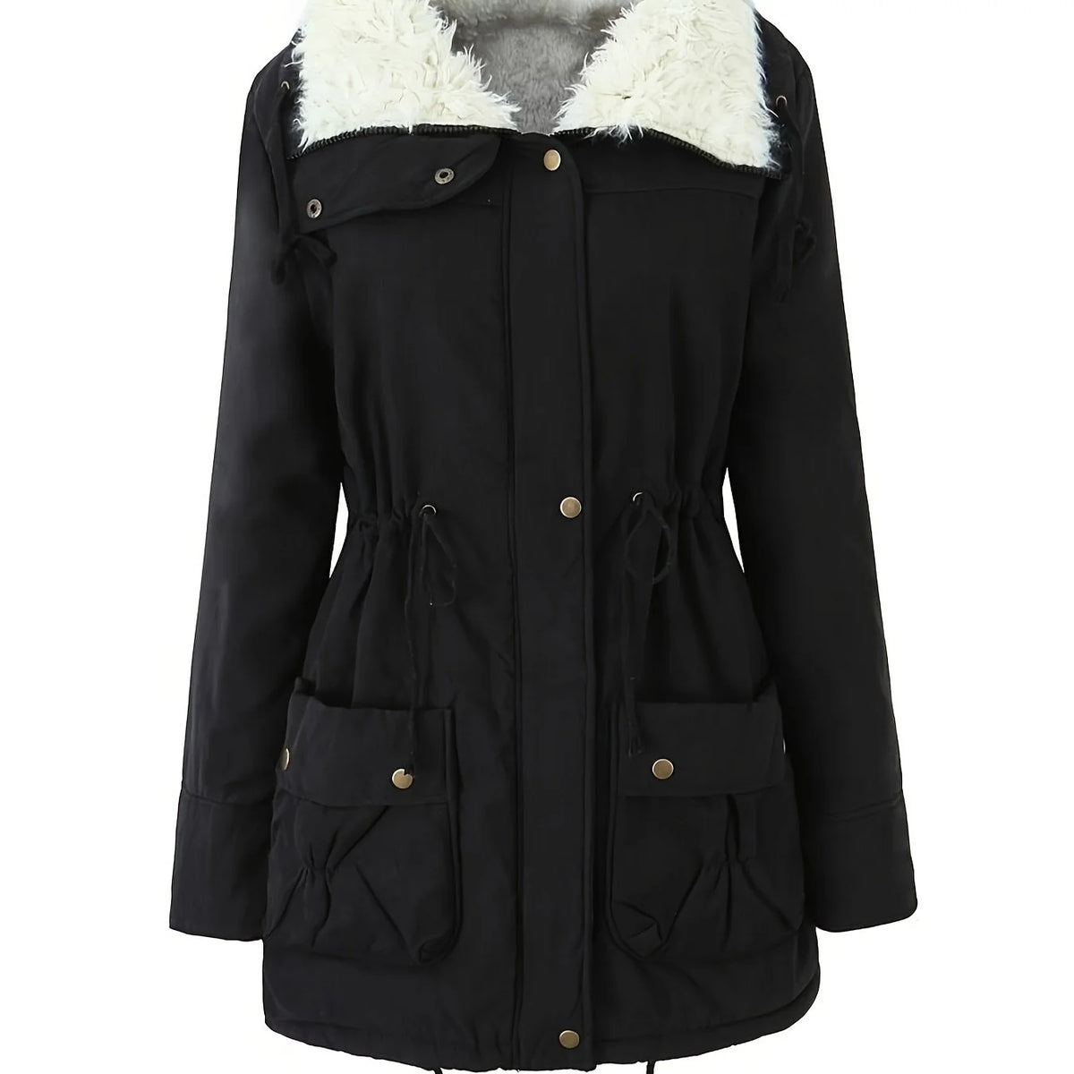 Women's black faux fur-trimmed hooded winter parka, front view
