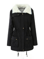 Women's black faux fur-trimmed hooded winter parka, front view