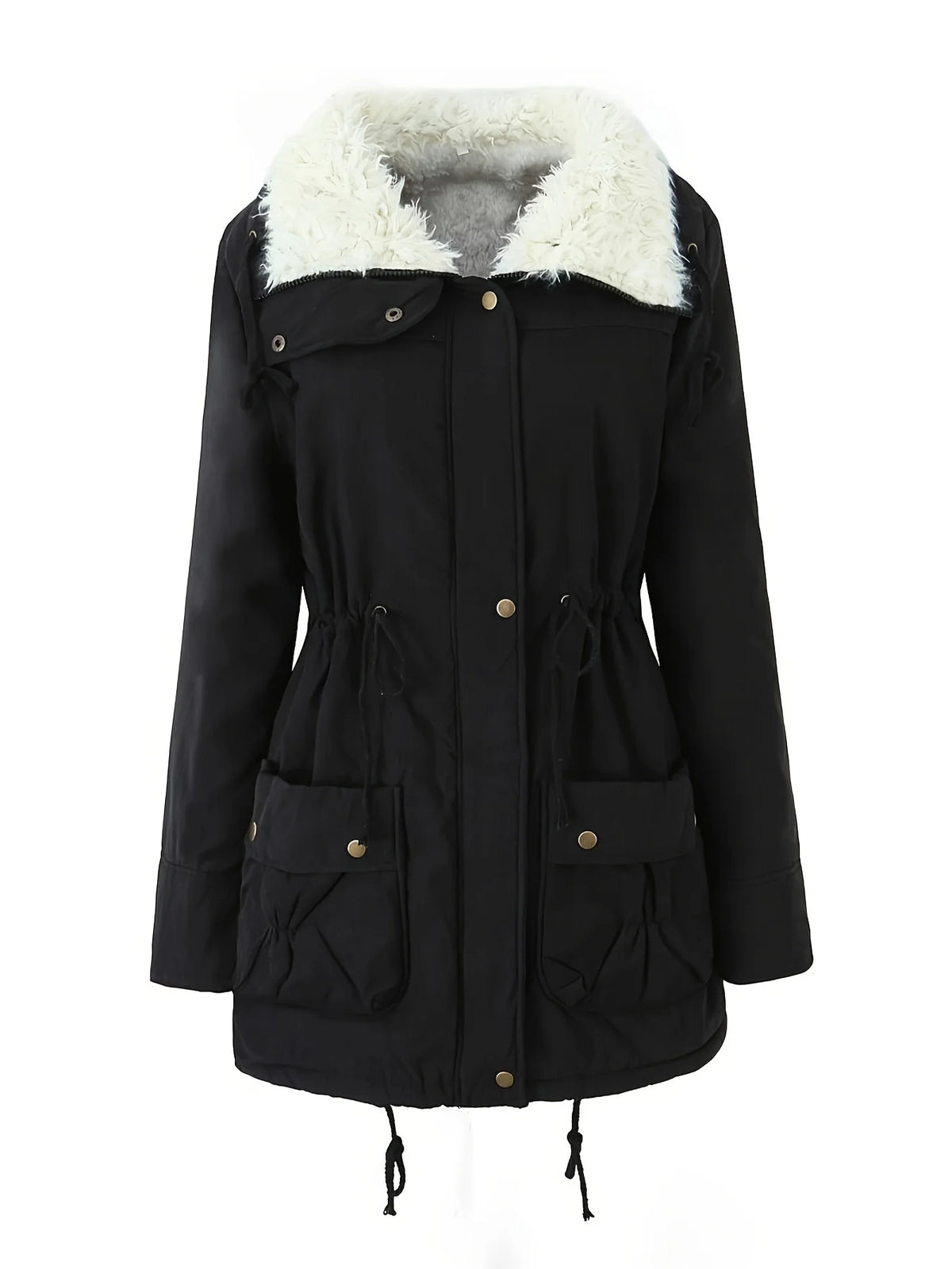 Women's black faux fur-trimmed hooded winter parka, front view
