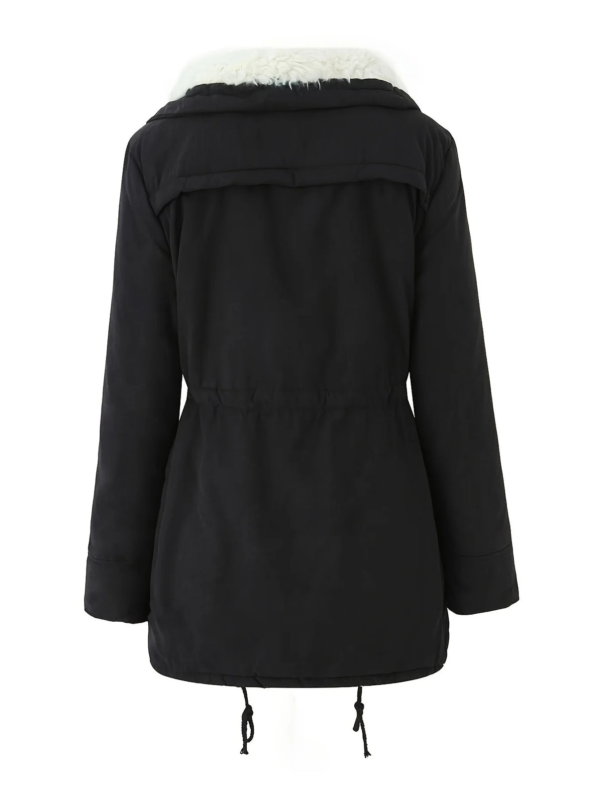 Women's black faux fur-trimmed hooded winter parka, back view