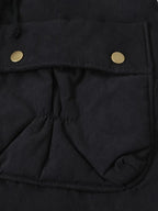 Women's black faux fur-trimmed hooded winter parka, cargo pocket detail