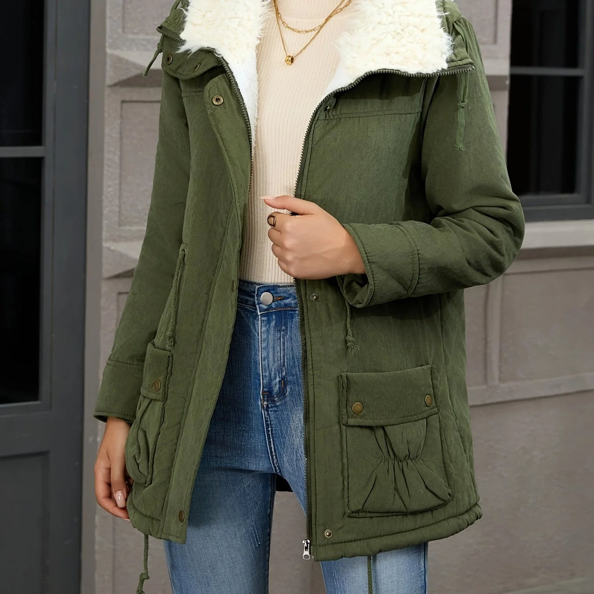 Women's fern green faux fur-trimmed hooded winter parka, worn open