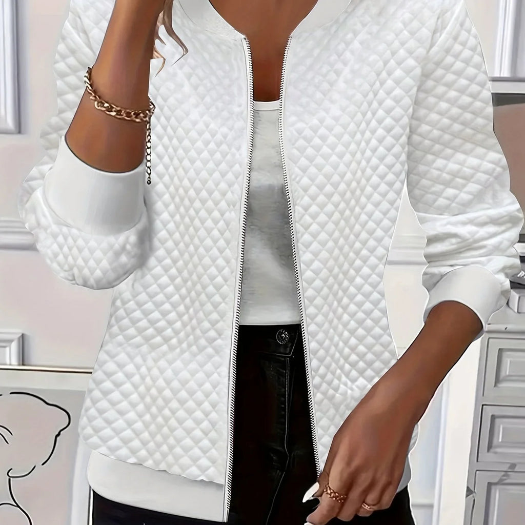 Women's white quilted bomber jacket with ribbed collar