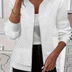 Women's white quilted bomber jacket with ribbed collar