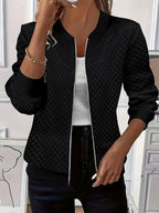Women's black quilted bomber jacket with ribbed collar