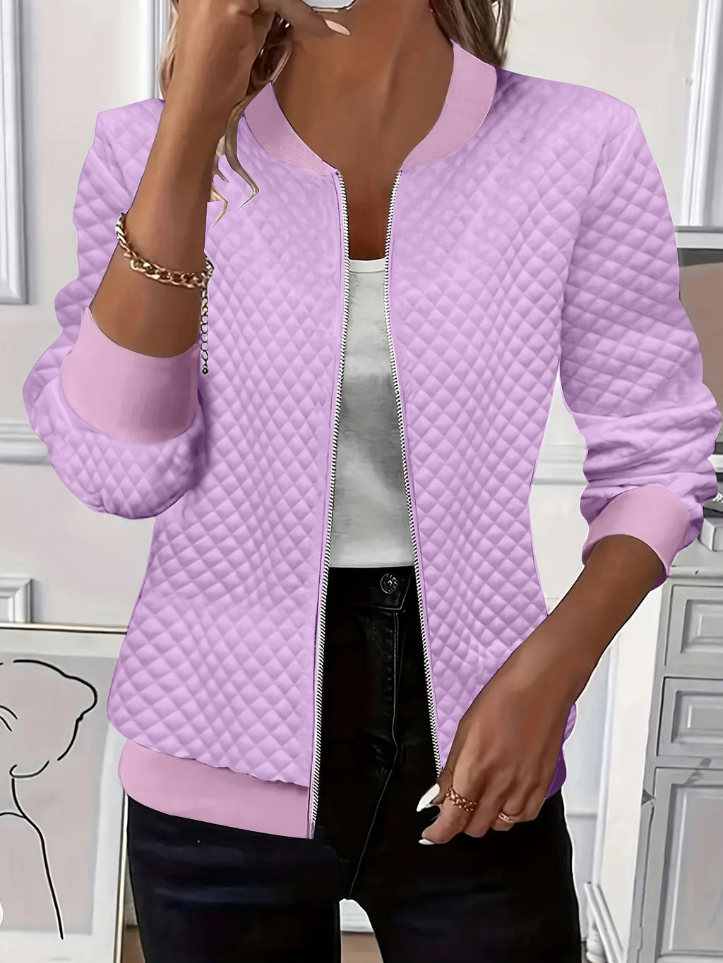 Women's violet quilted bomber jacket with ribbed collar