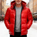 Men's red insulated hooded puffer jacket with zip pockets