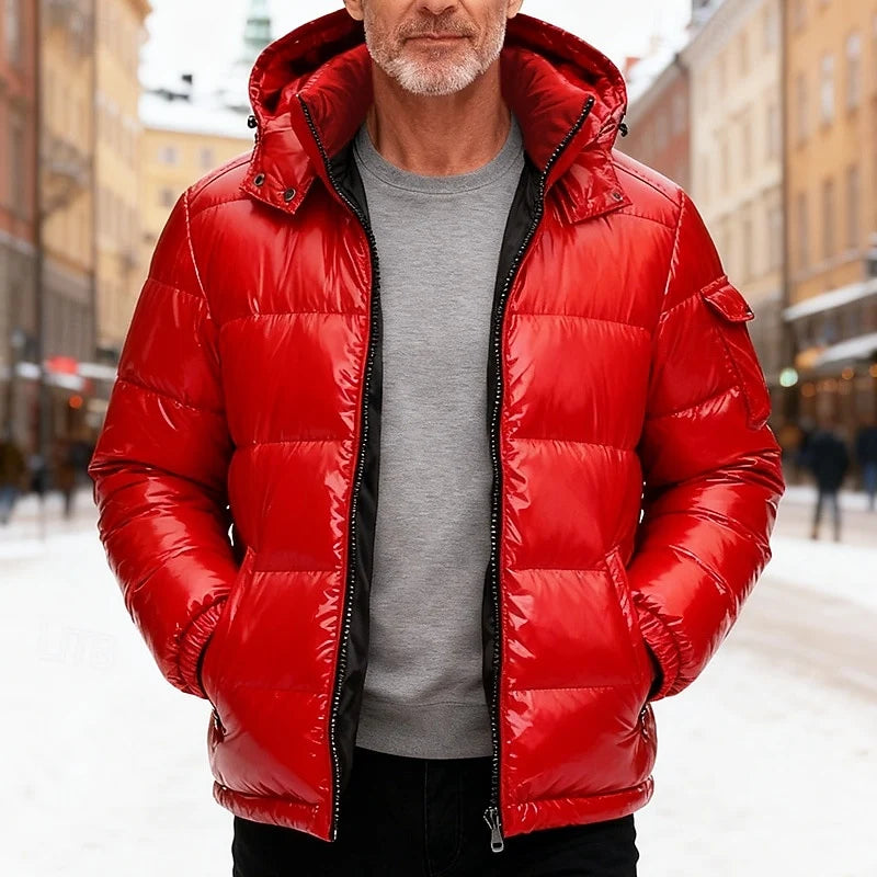 Men's red insulated hooded puffer jacket with zip pockets