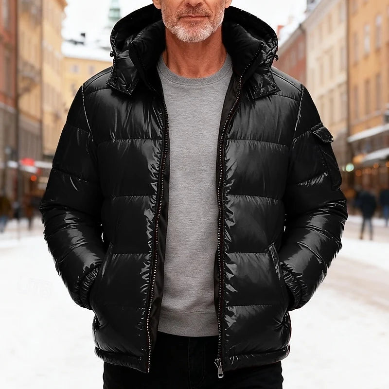 Men's black insulated hooded puffer jacket with zip pockets