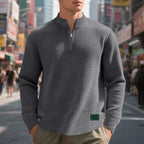 Men's dark gray waffle knit quarter-zip pullover, textured fit