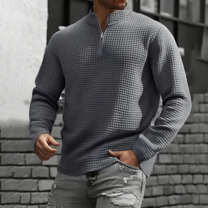Men's dark gray waffle knit quarter-zip pullover, textured fit