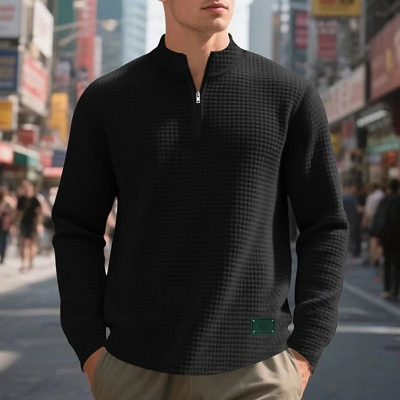 Men's black waffle knit quarter-zip pullover, textured fit
