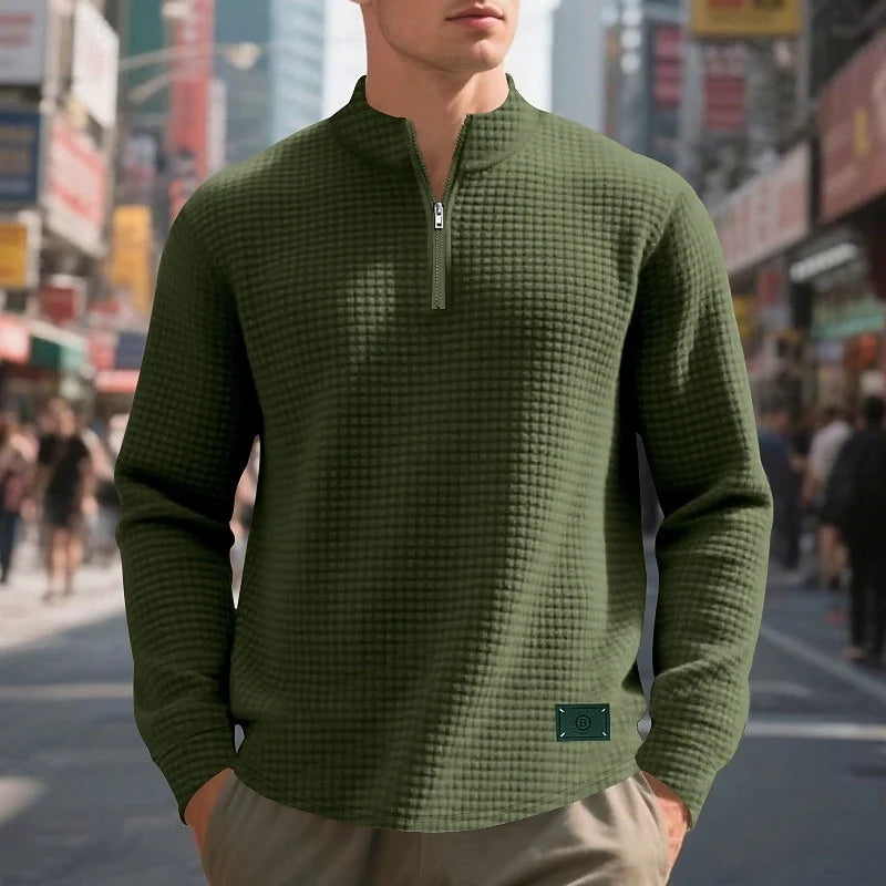 Men's olive green waffle knit quarter-zip pullover, textured fit