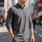 Men's dark gray waffle knit quarter-zip pullover, textured fit