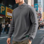 Men's dark gray waffle knit quarter-zip pullover, textured fit