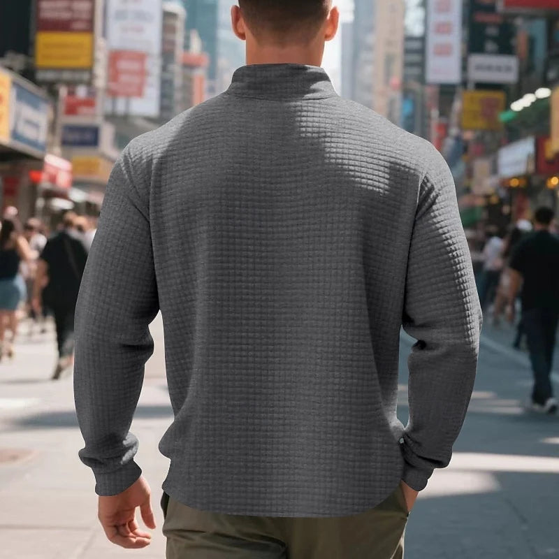Men's dark gray waffle knit quarter-zip pullover, textured fit