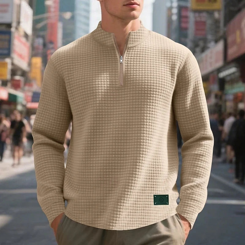 Men's khaki waffle knit quarter-zip pullover, textured fit