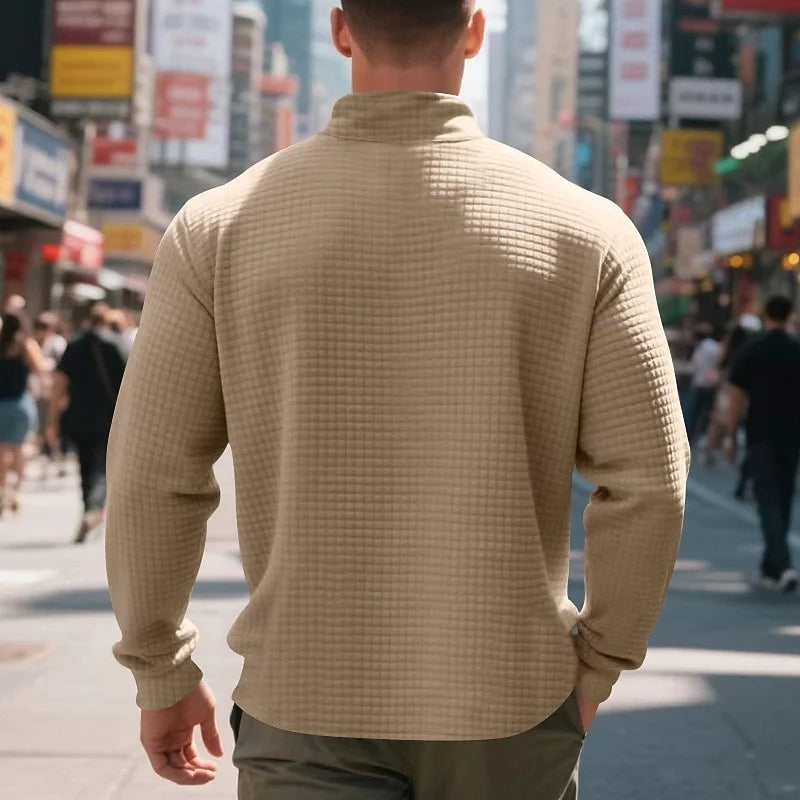 Men's khaki waffle knit quarter-zip pullover, textured fit