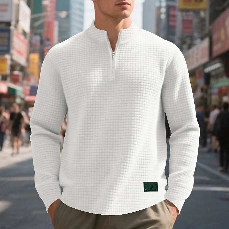 Men's white waffle knit quarter-zip pullover, textured fit