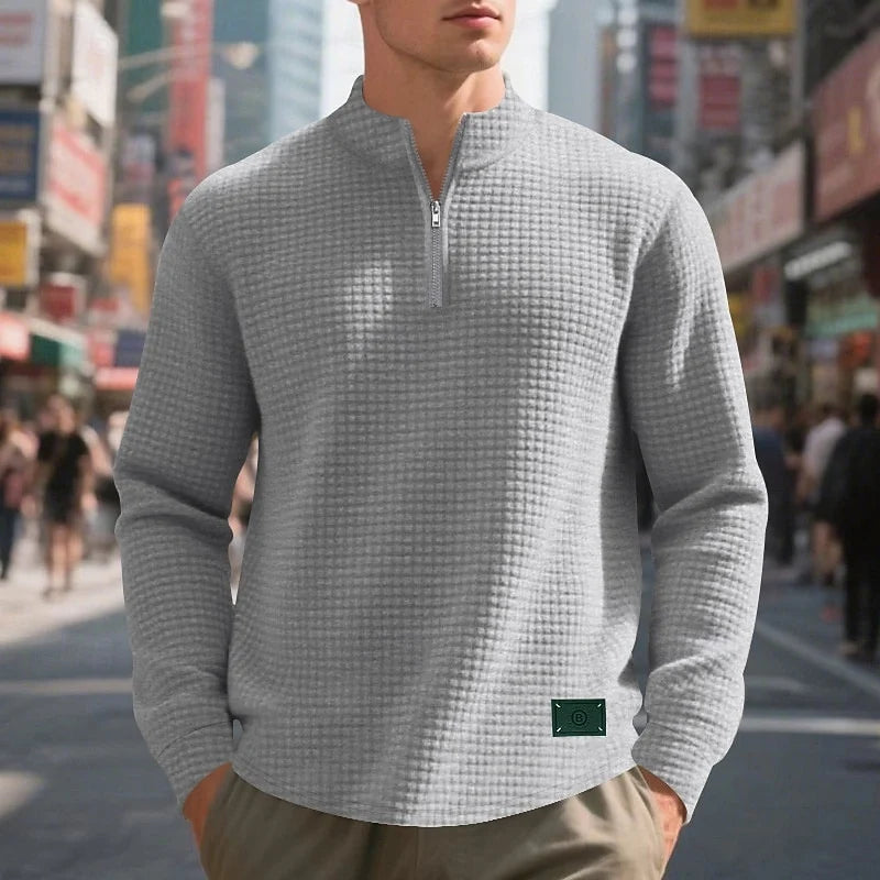 Men's light gray waffle knit quarter-zip pullover, textured fit