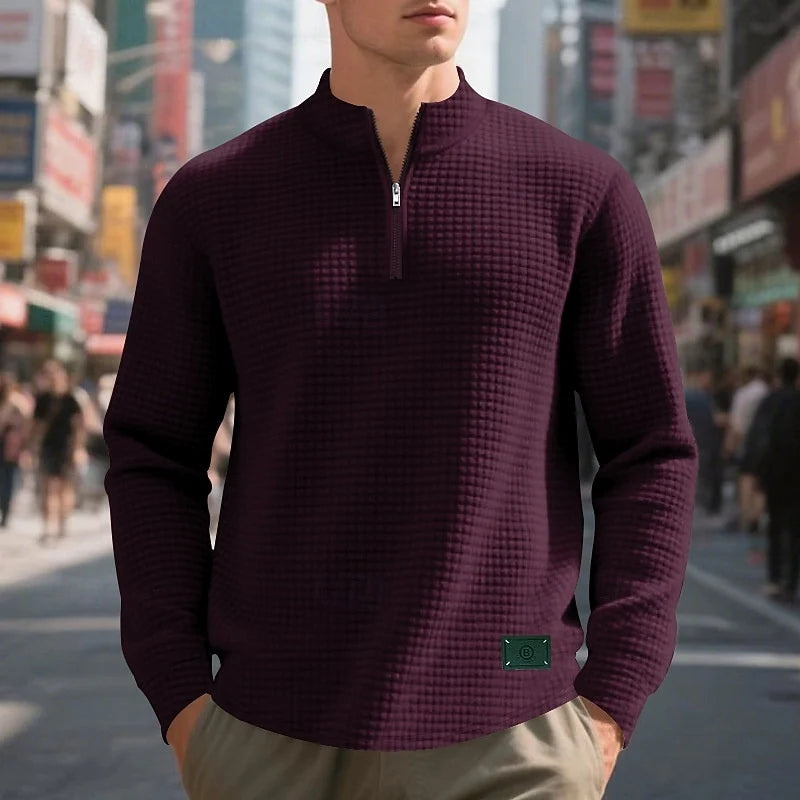 Men's wine waffle knit quarter-zip pullover, textured fit